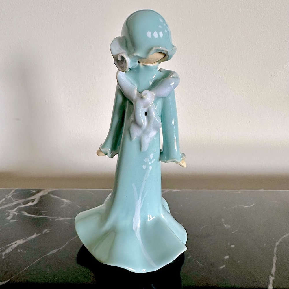 Rare Louise Auger Handmade Ceramic Figurine Blue Glazed Lady in Bonnet Signed